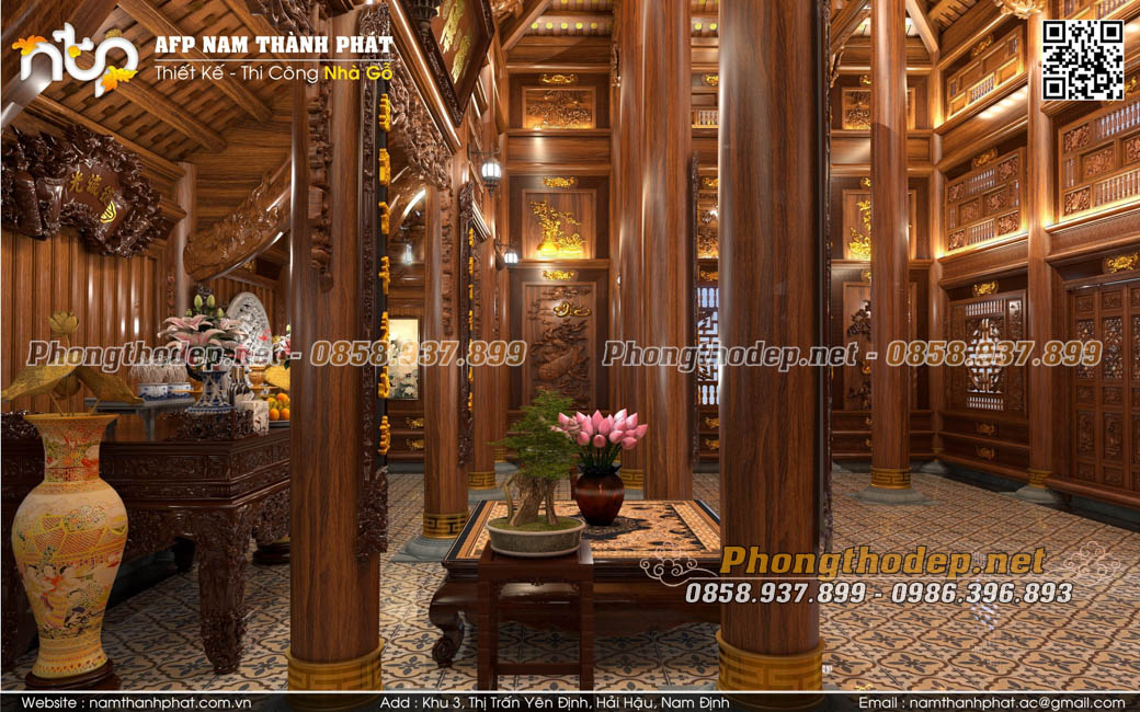 Góc nhìn vách thuận nội thất nhà gỗ 5 gian 2 chái